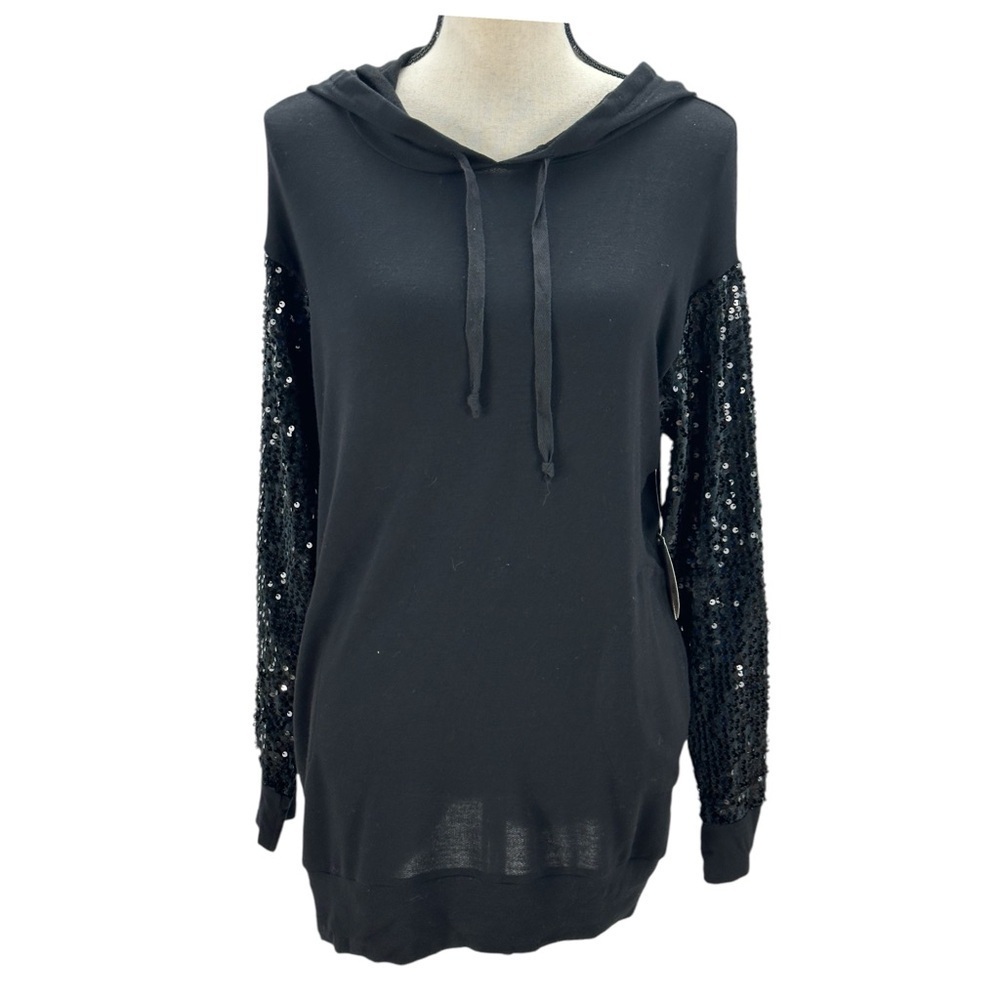 Gypsies & Moondust Long Sequin Sleeve Lightweight Hooded Shirt - Black - Large